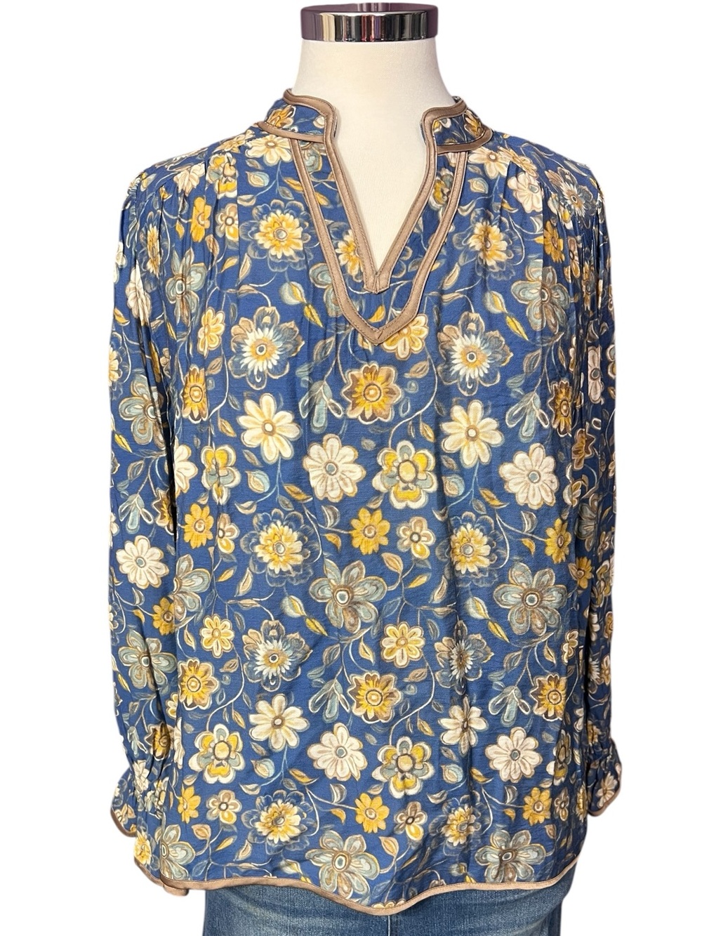 Umgee Blue Floral V- Neck Balloon Ruffle Sleeve Top